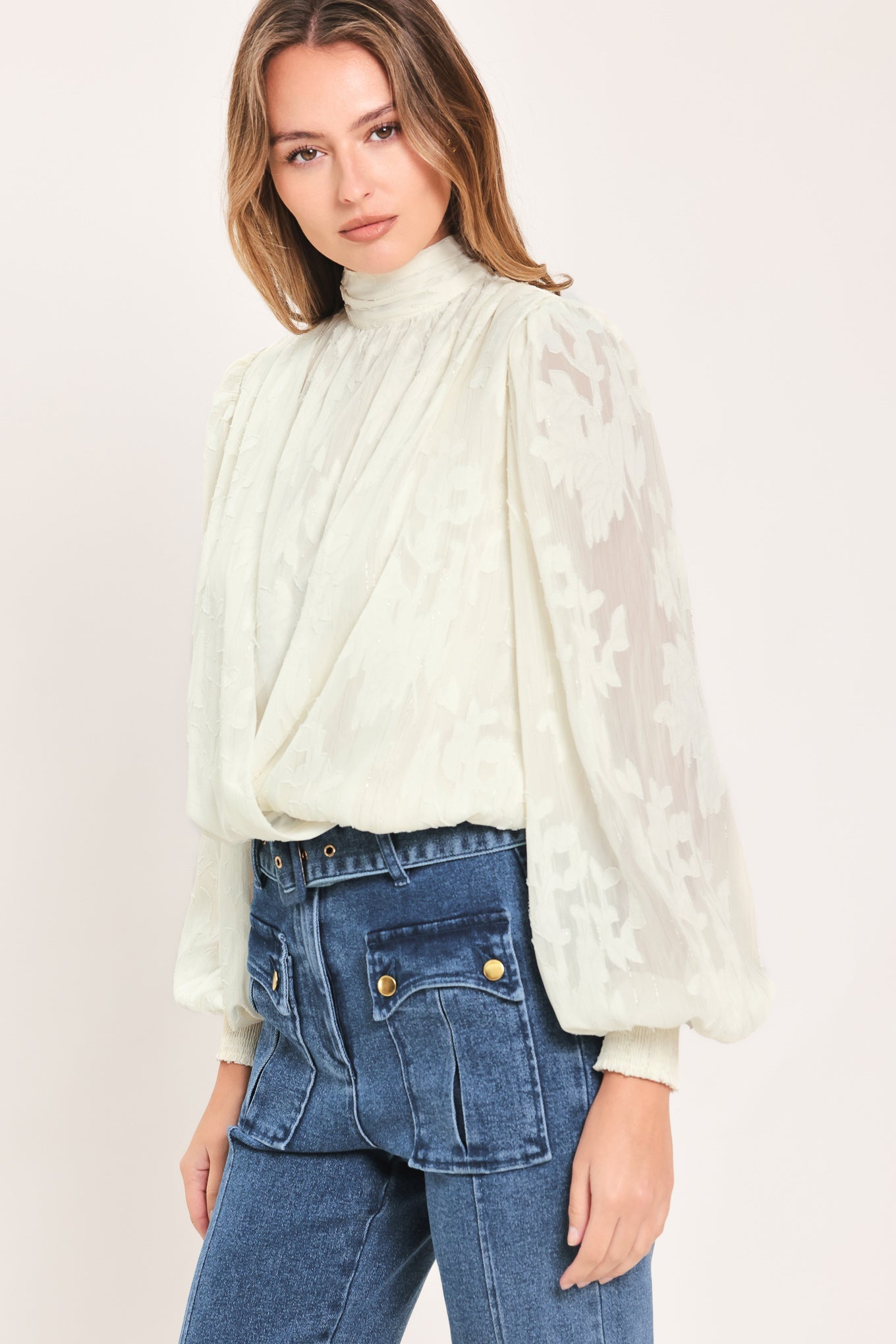 Ivory Cloud Jacquard Wrap Top in cream, worn