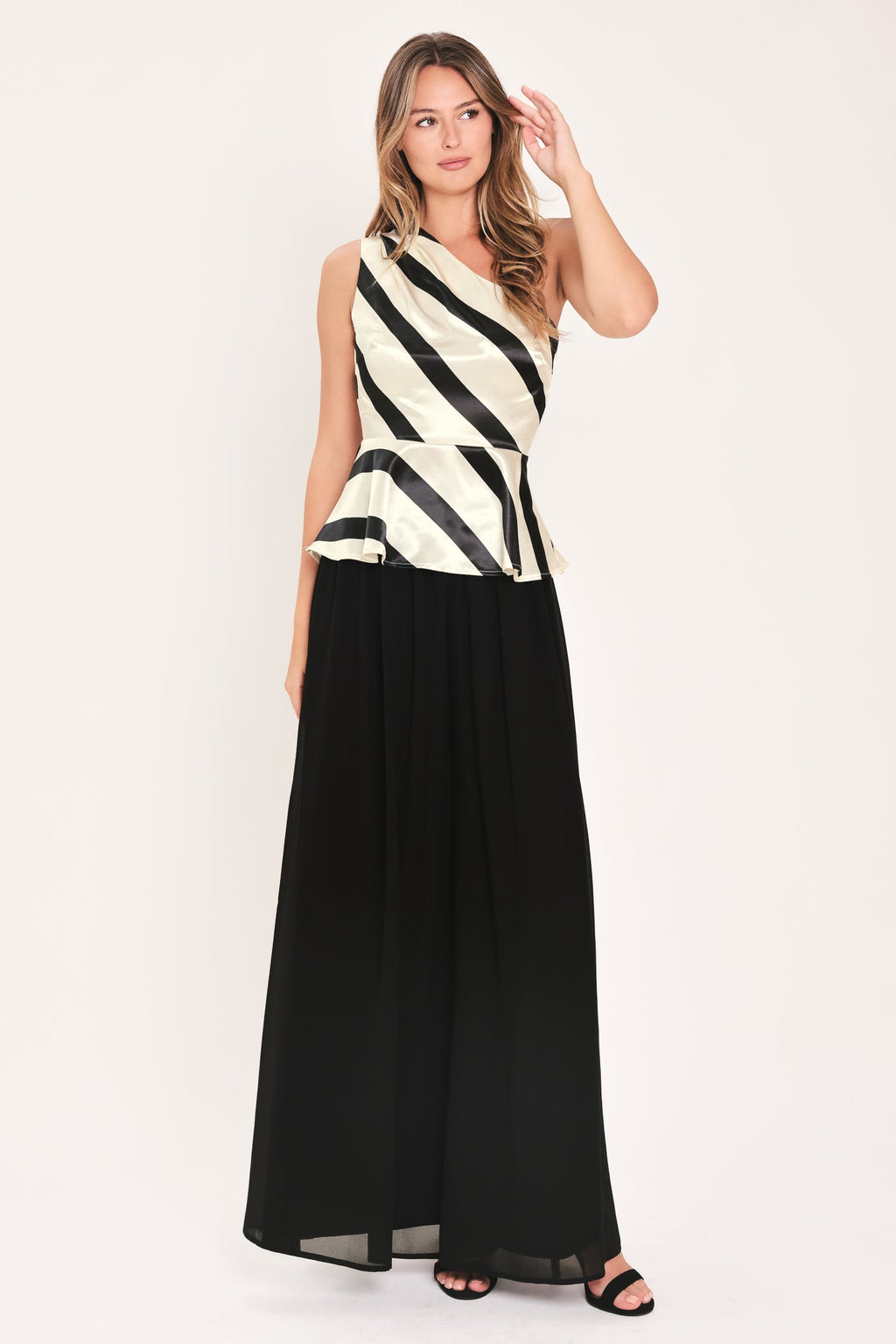 Monochrome Moment Satin One-Shoulder Peplum Top - detail view