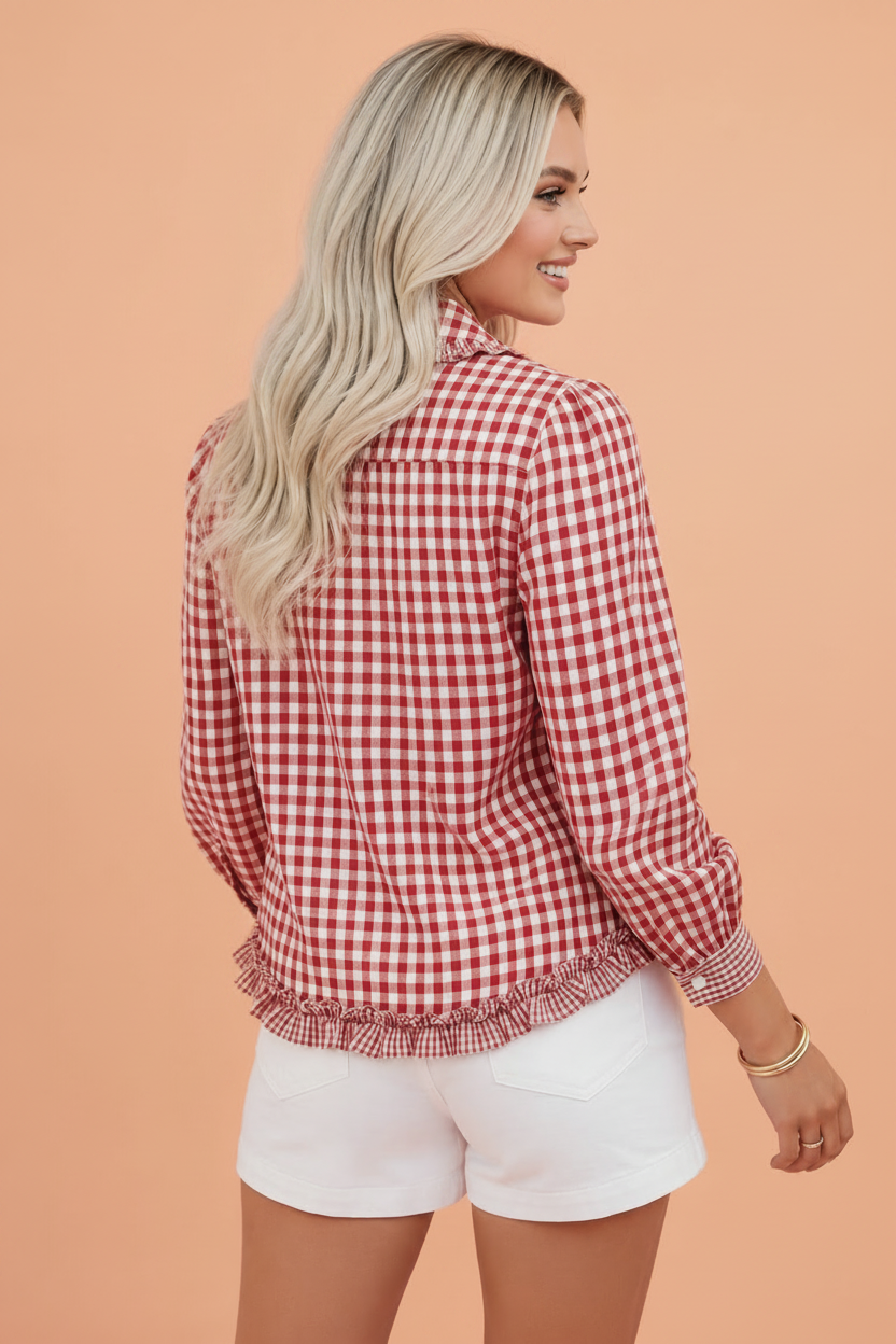 Gingham button down shirt frill detail