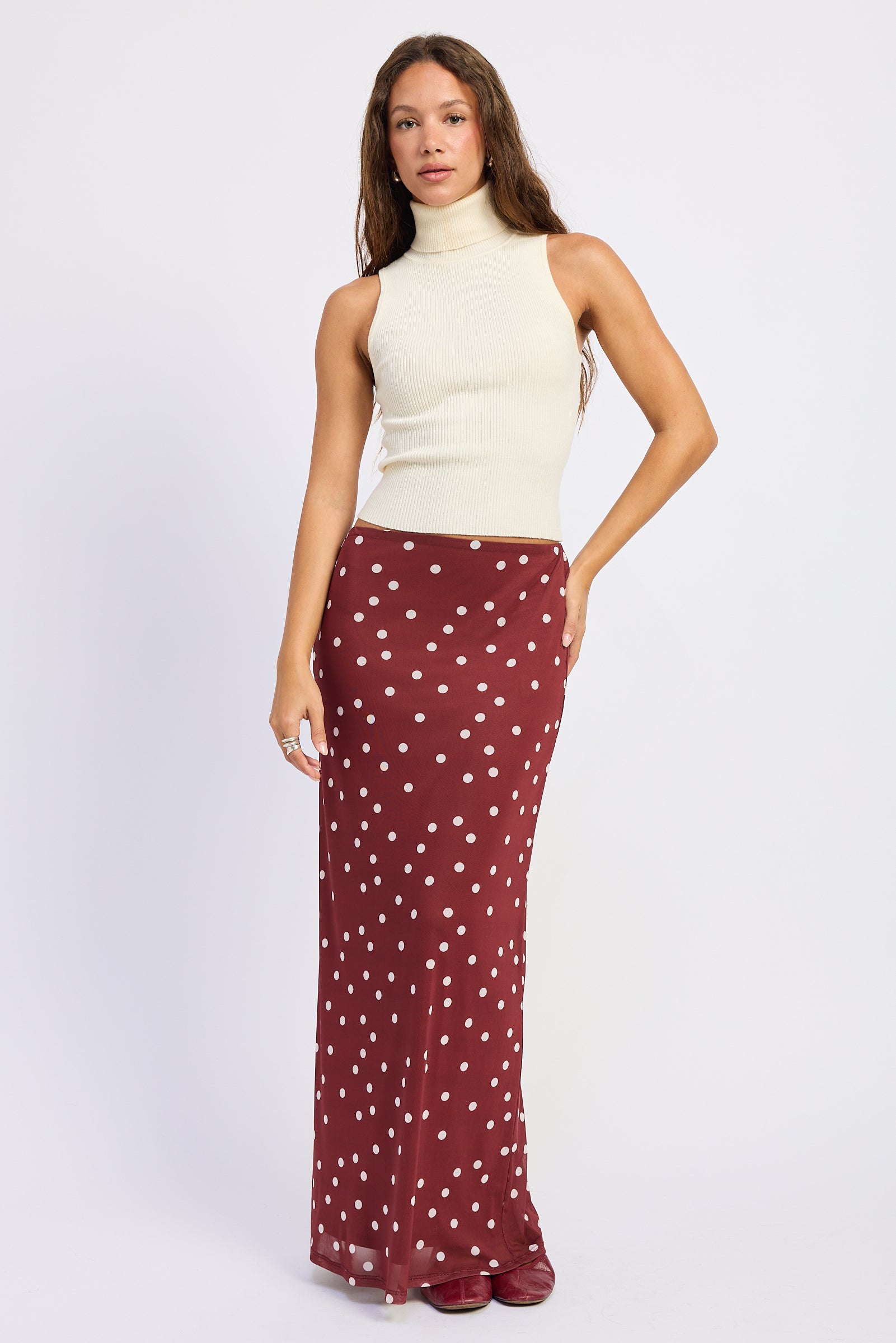 Mesh Polka Dot Maxi Skirt in maroon, front view