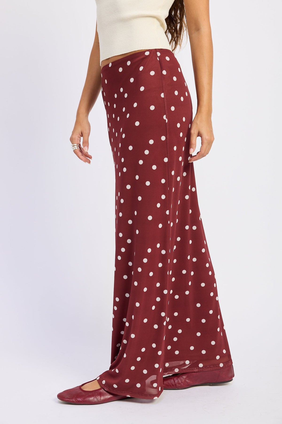 Mesh Polka Dot Maxi Skirt in maroon, detail