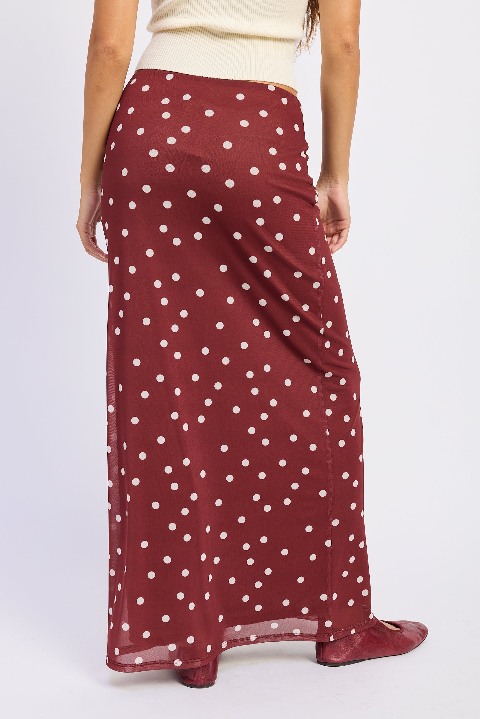 Mesh Polka Dot Maxi Skirt in maroon, side view