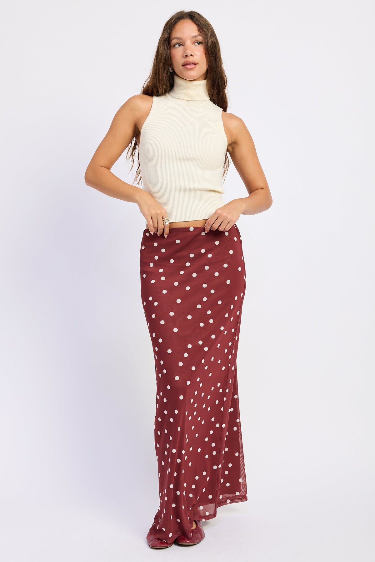 Mesh Polka Dot Maxi Skirt in maroon, worn