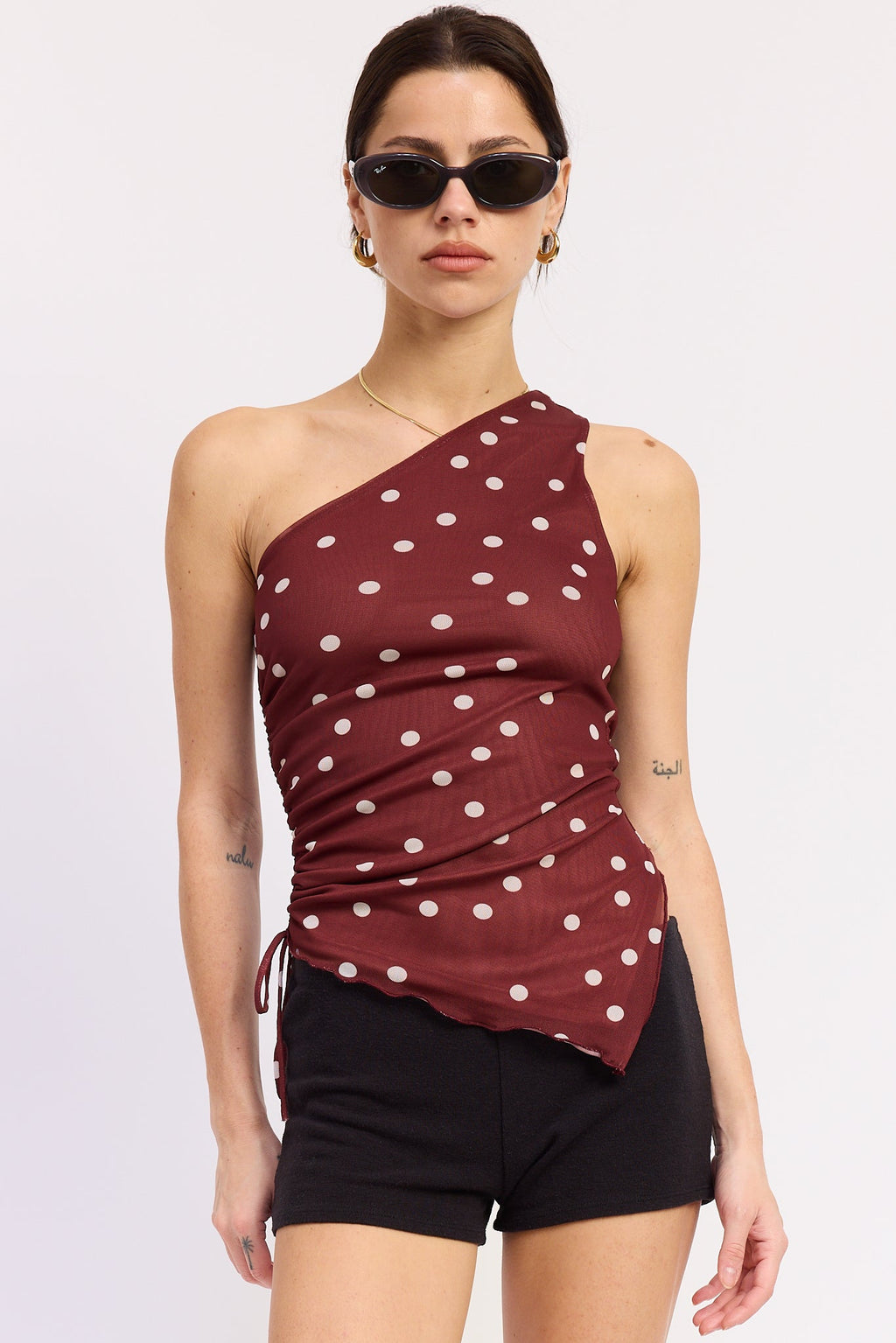 One Shoulder Ruched Top in maroon polka dot, front view