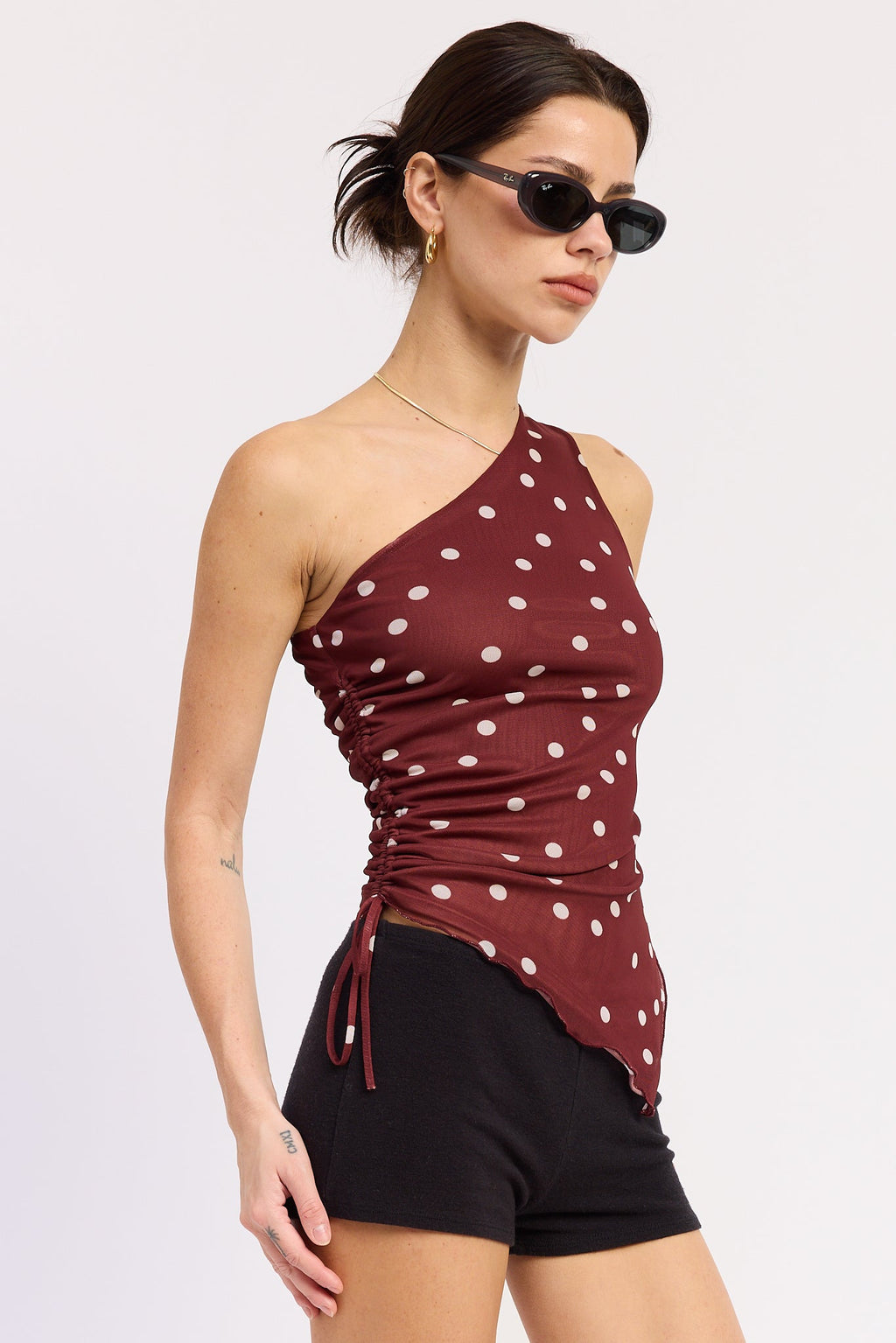 One Shoulder Ruched Top in maroon polka dot, detail
