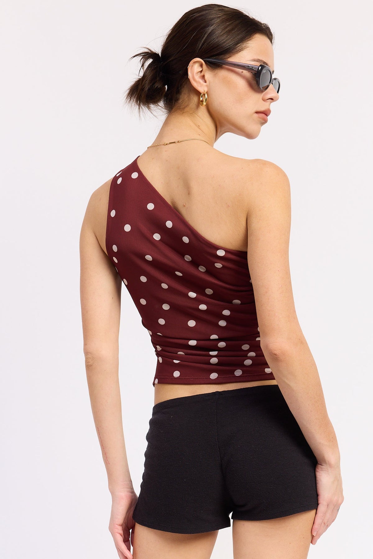 One Shoulder Ruched Top in maroon polka dot, side view