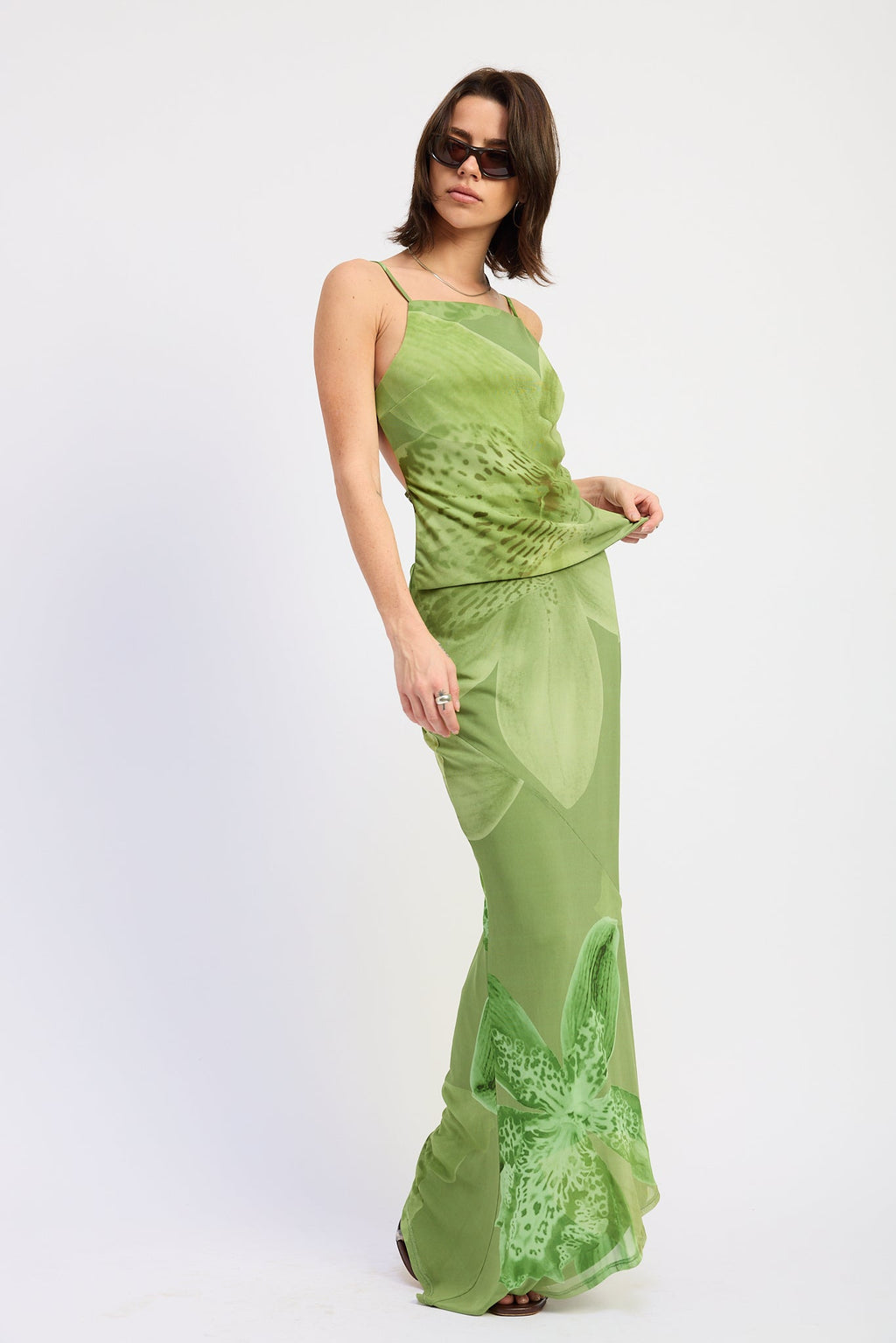 Natalia Mesh Top in Green Floral - full length styled outfit view