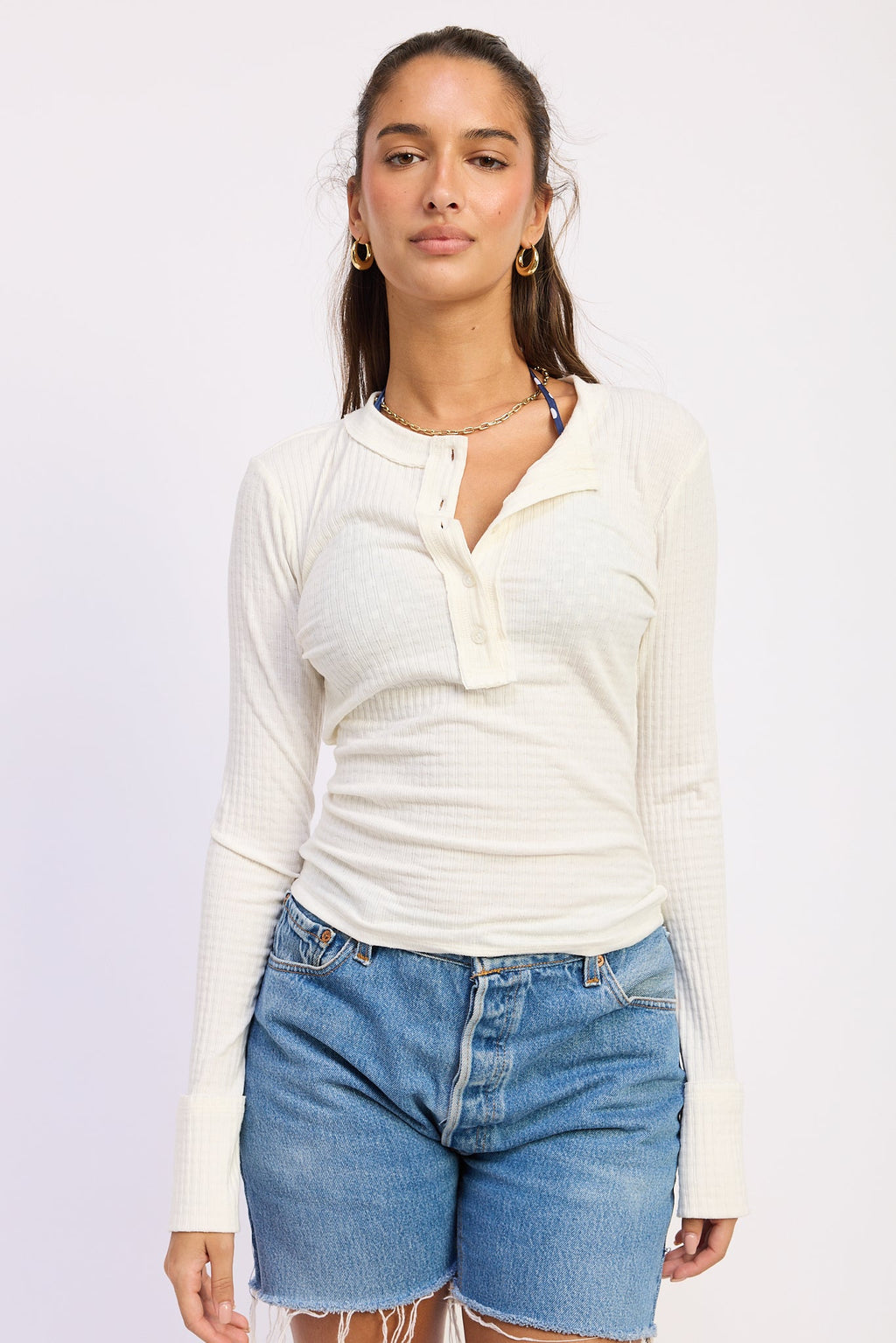Textured Knit Henley Top in ivory, front view