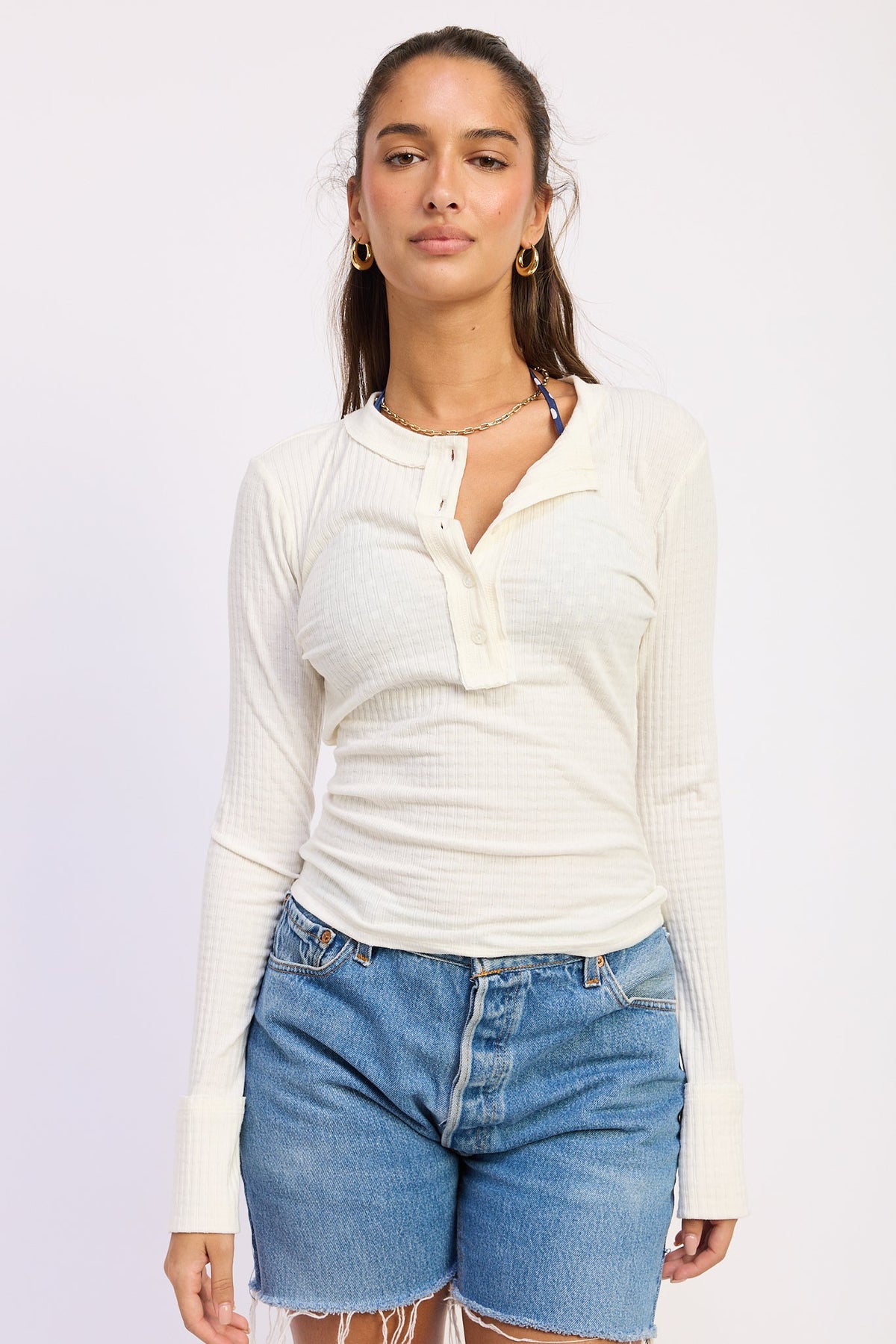 Textured Knit Henley Top in ivory, front view