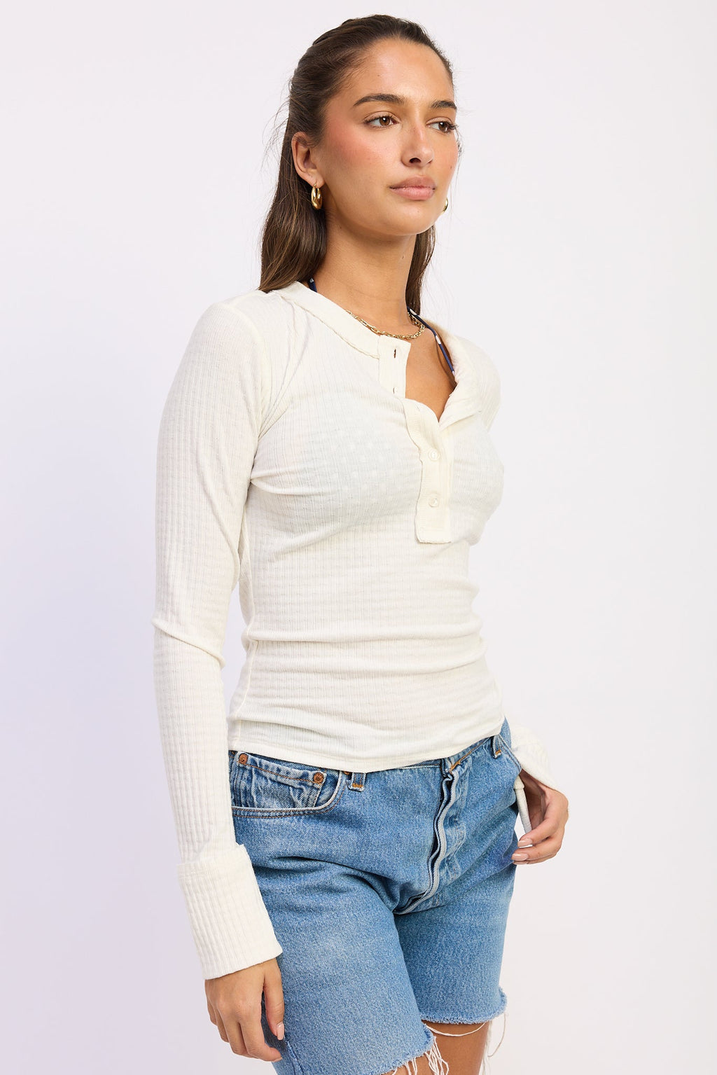 Textured Knit Henley Top in ivory, detail