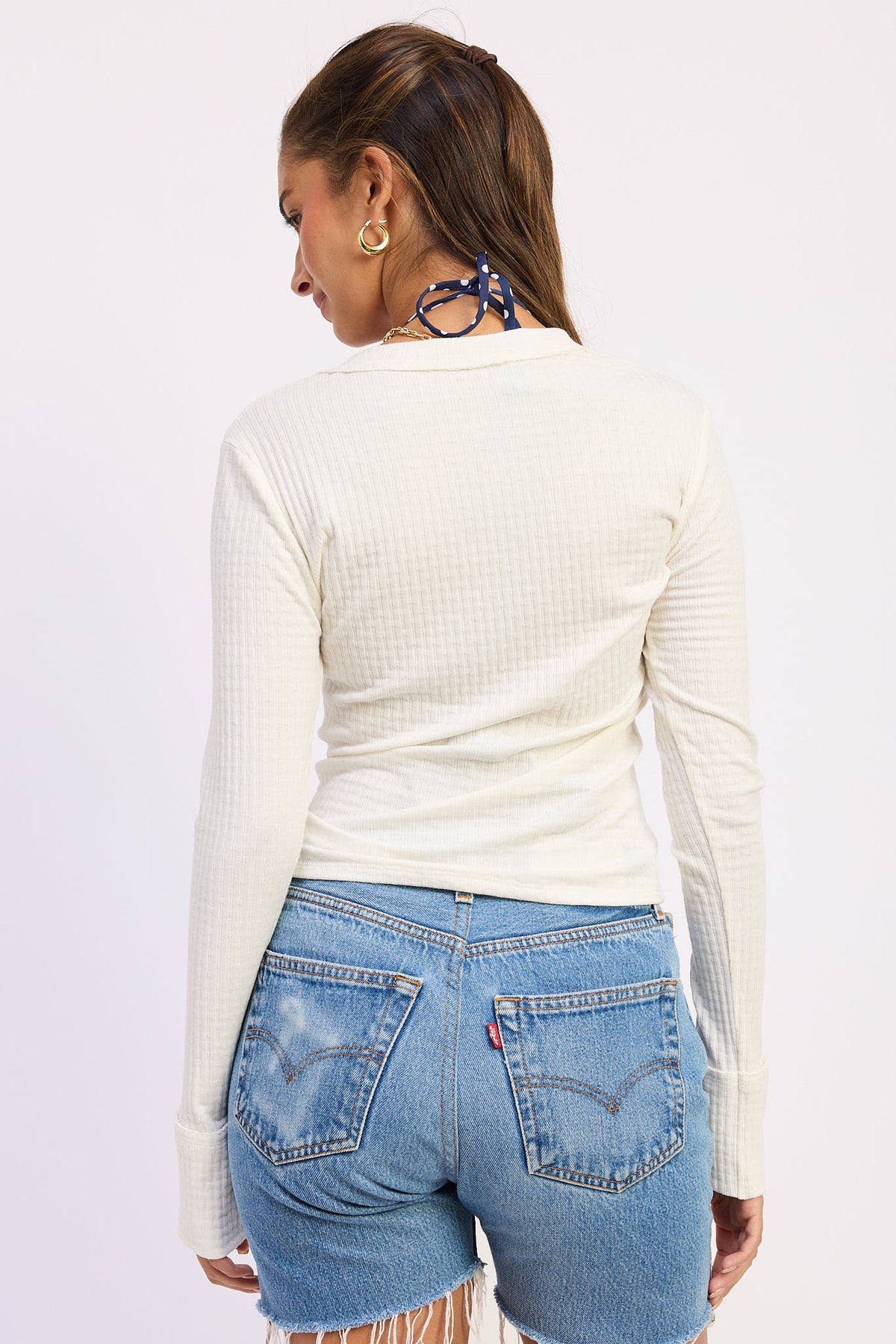 Textured Knit Henley Top in ivory, side view