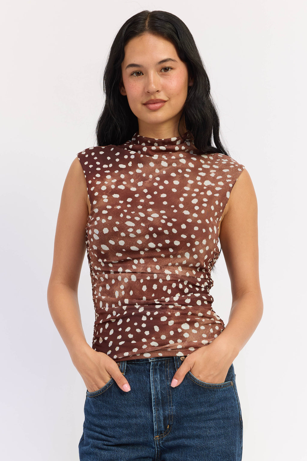 Sleeveless Fitted Mesh Top in brown, front view