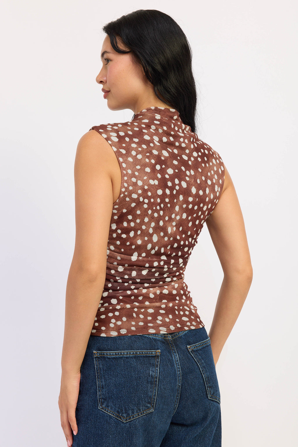 Sleeveless Fitted Mesh Top in brown, detail