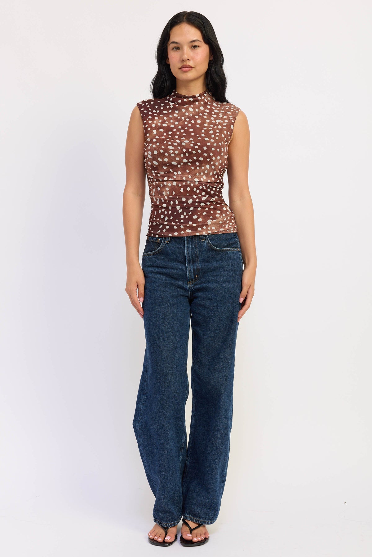 Sleeveless Fitted Mesh Top in brown, side view