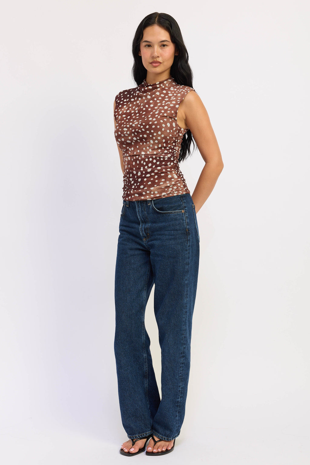 Sleeveless Fitted Mesh Top in brown, worn