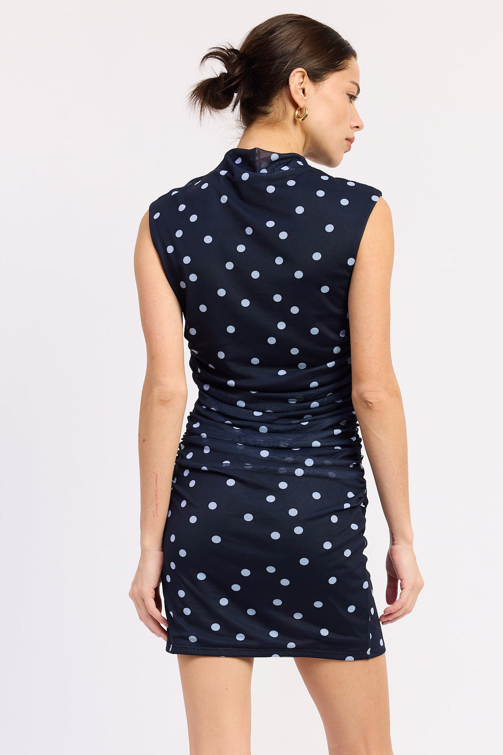 Meadow Mini Dress in Navy Polka Dot - close up of polka dot mesh fabric