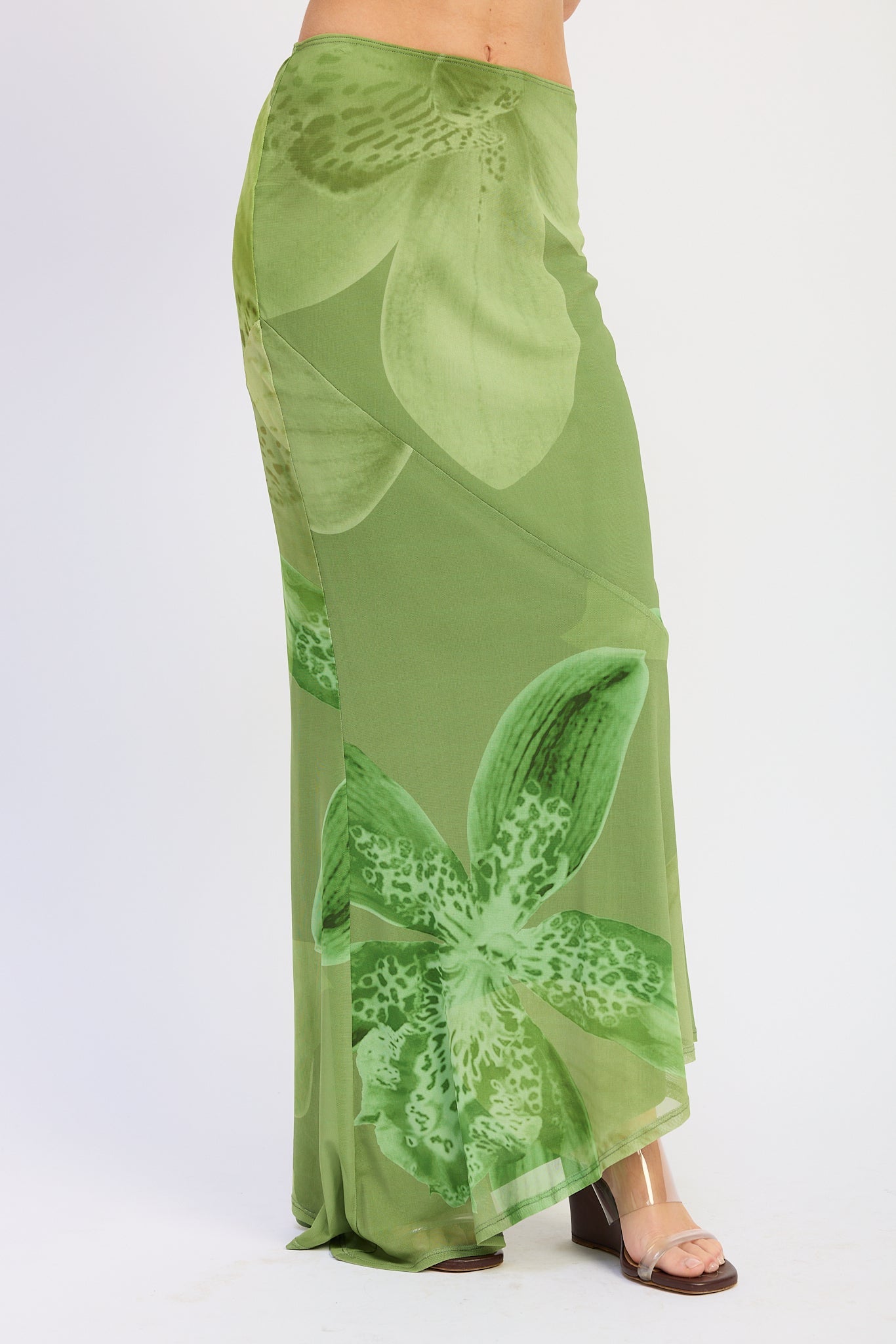 Seraphine Maxi Skirt in Green Floral - back view showing flared hem