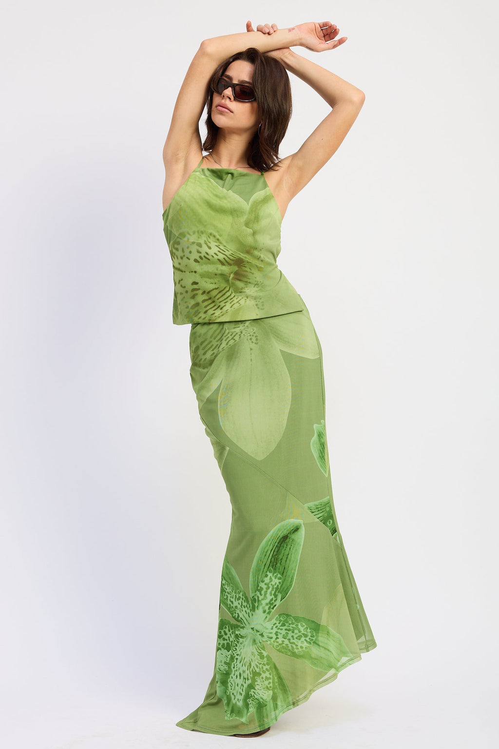 Seraphine Maxi Skirt in Green Floral - front view showing mermaid silhouette