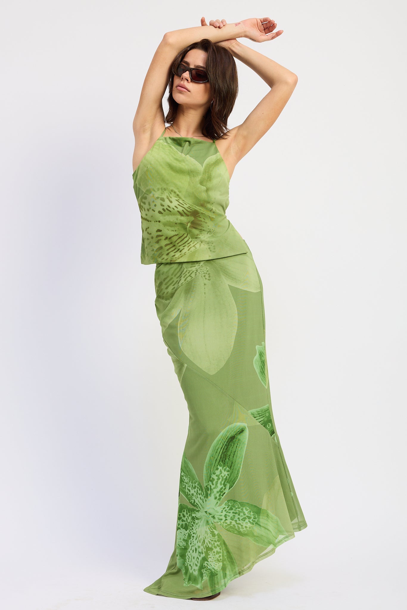 Seraphine Maxi Skirt in Green Floral - front view showing mermaid silhouette