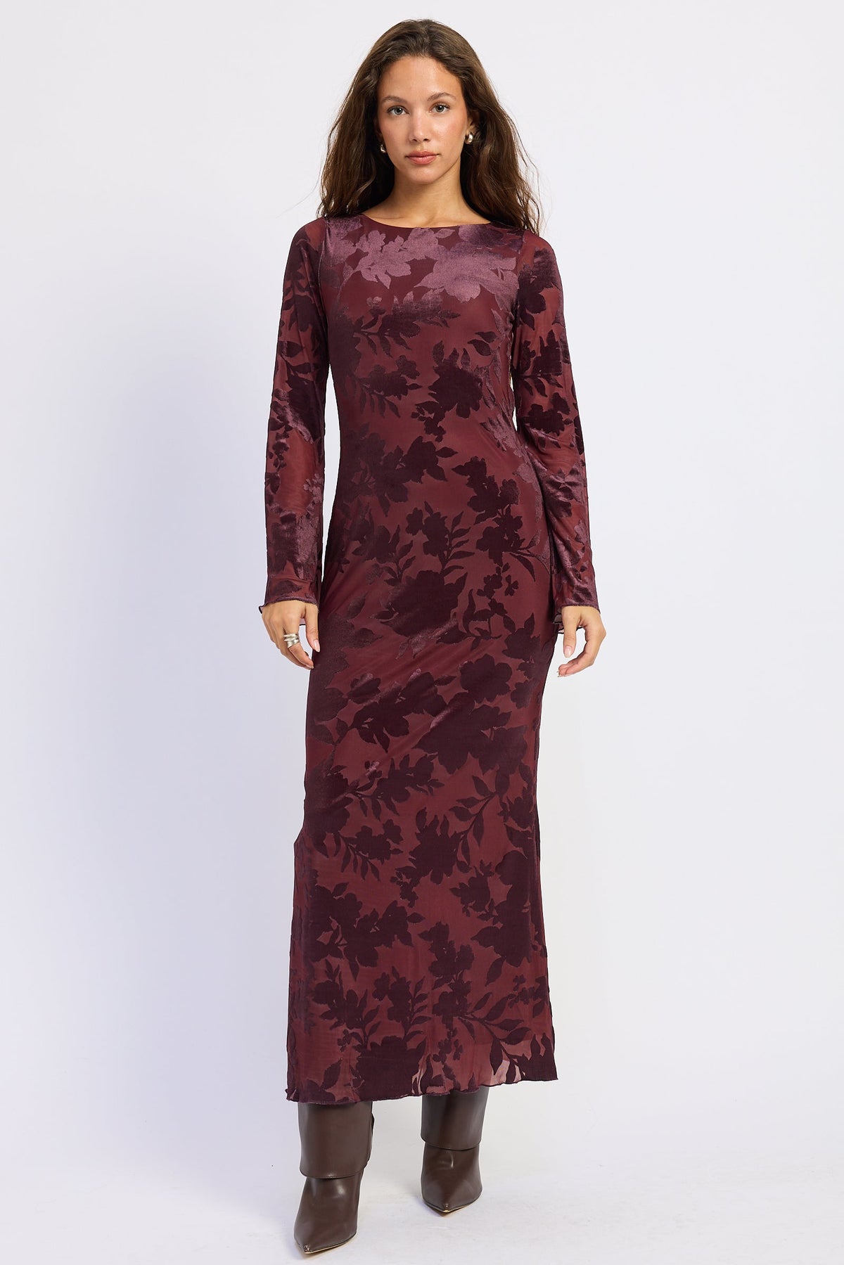 Long Sleeve Open Back Maxi Dress in wine, front view