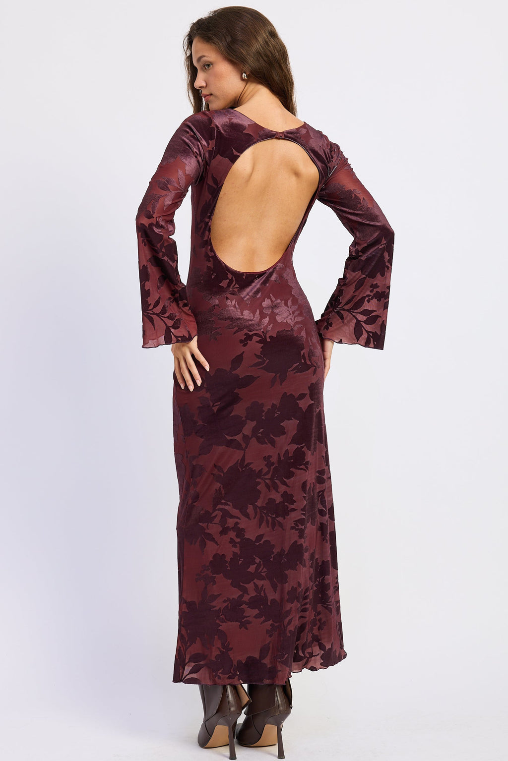 Long Sleeve Open Back Maxi Dress in wine, side view