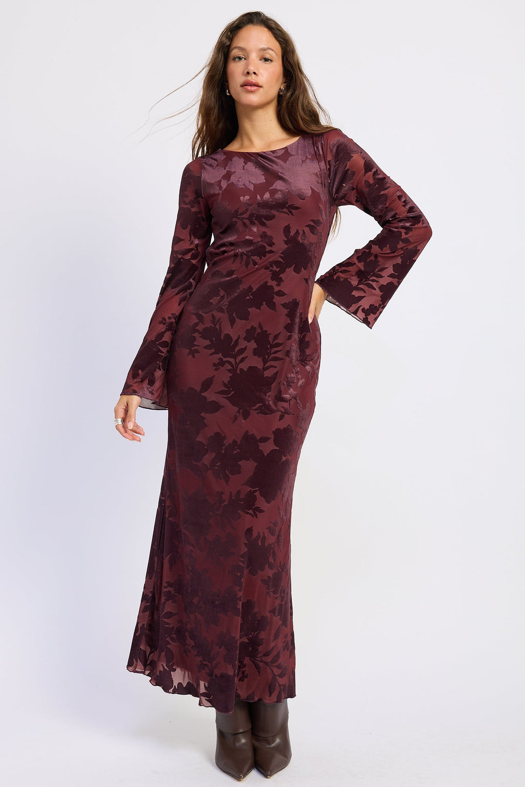 Long Sleeve Open Back Maxi Dress in wine, back view