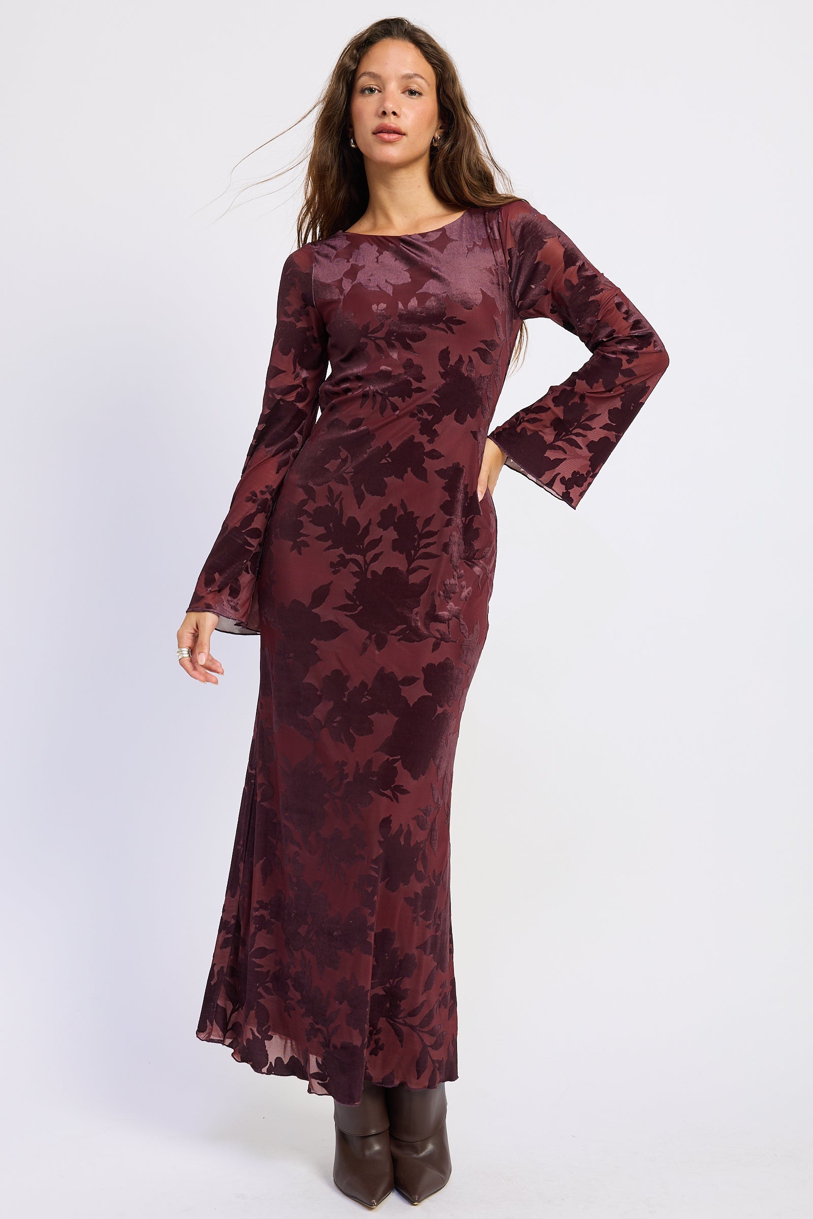 Long Sleeve Open Back Maxi Dress in wine, back view