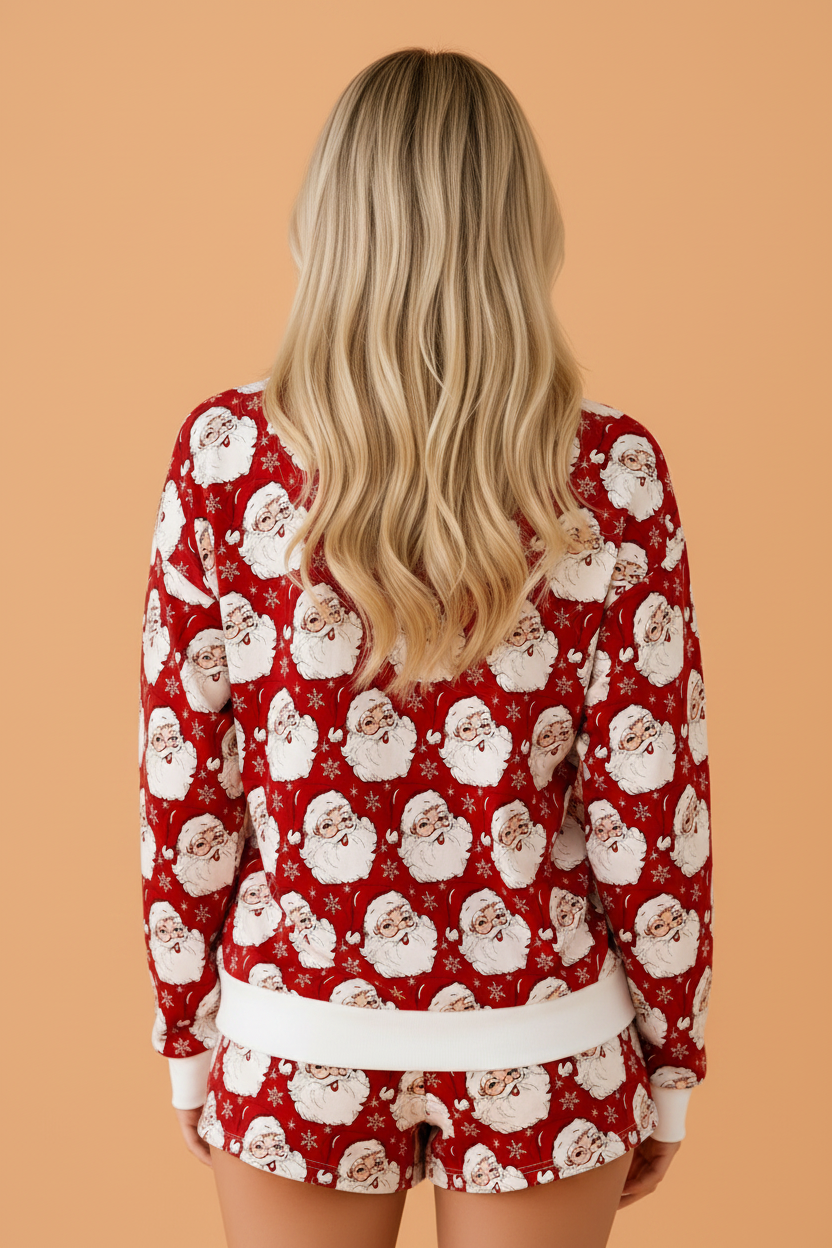 Christmas Long Sleeve Top and Shorts Lounge Set in Red, detail view