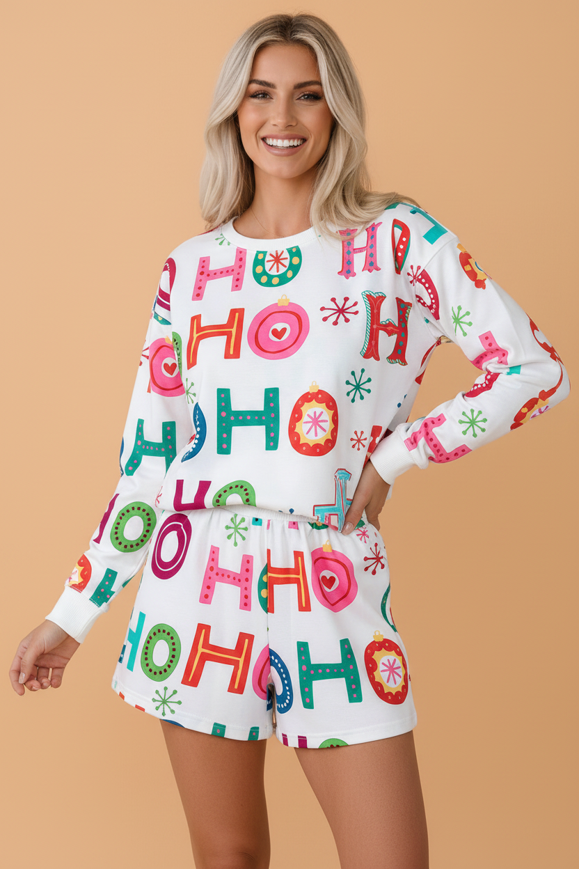 Christmas Long Sleeve Top and Shorts Lounge Set in White, front view