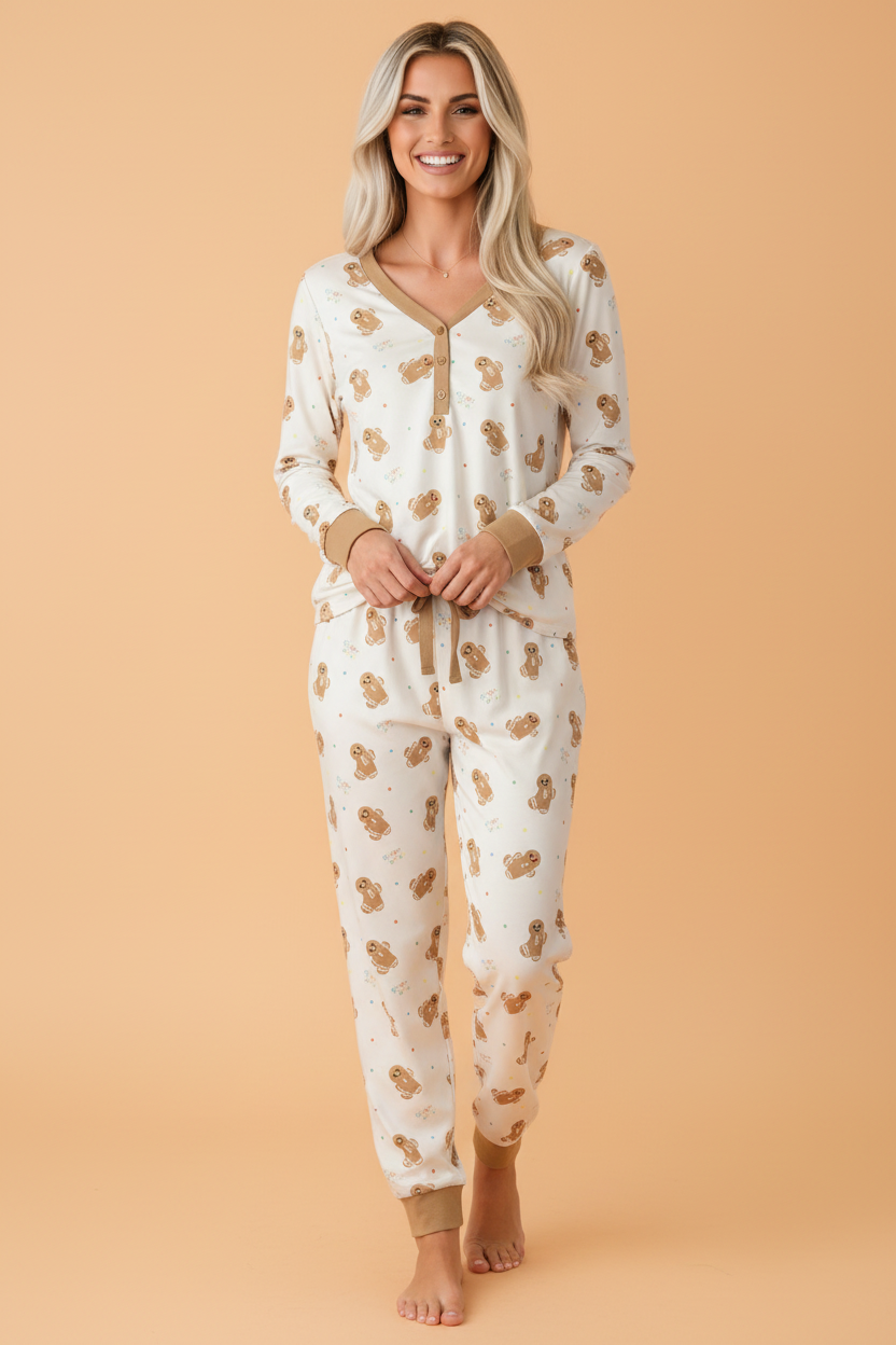 Christmas Gingerbread Top & Pants Pajama Set in khaki, front view