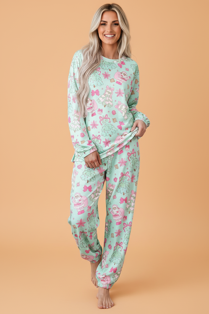 Christmas Santa Tree Pajama Set in green, front view