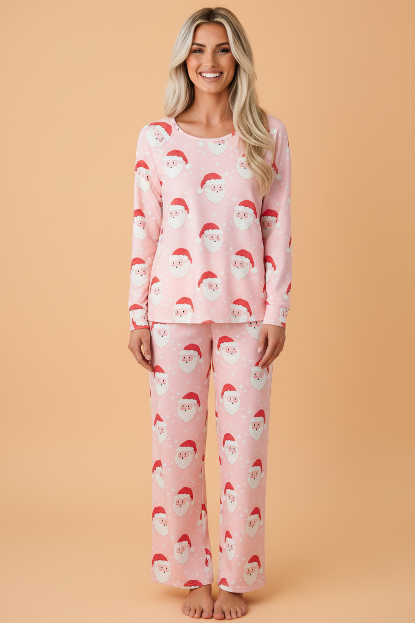 Christmas Santa Raglan Pajama Set in pink, front view
