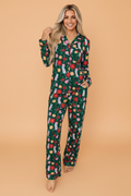 Christmas Champagne Print Pajama Set in green, front view