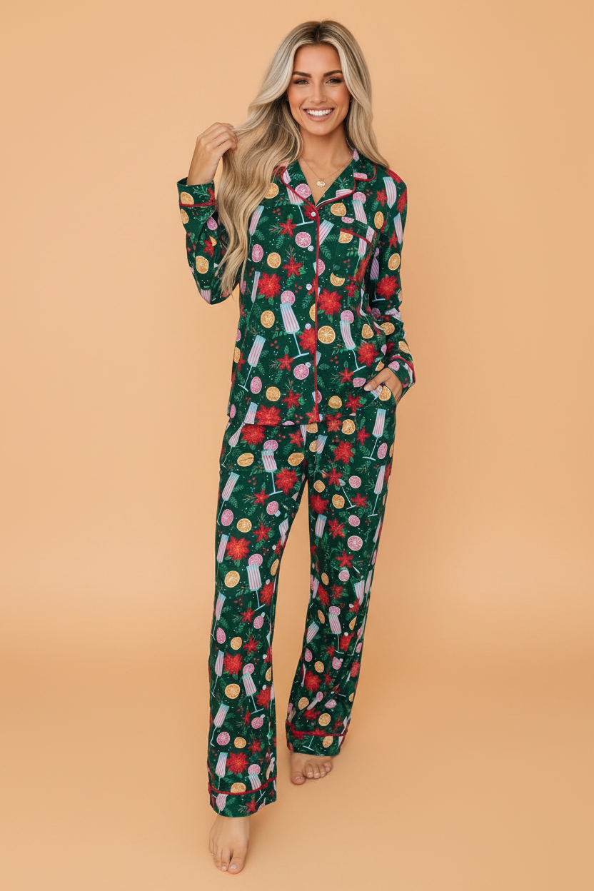 Christmas Champagne Print Pajama Set in green, front view