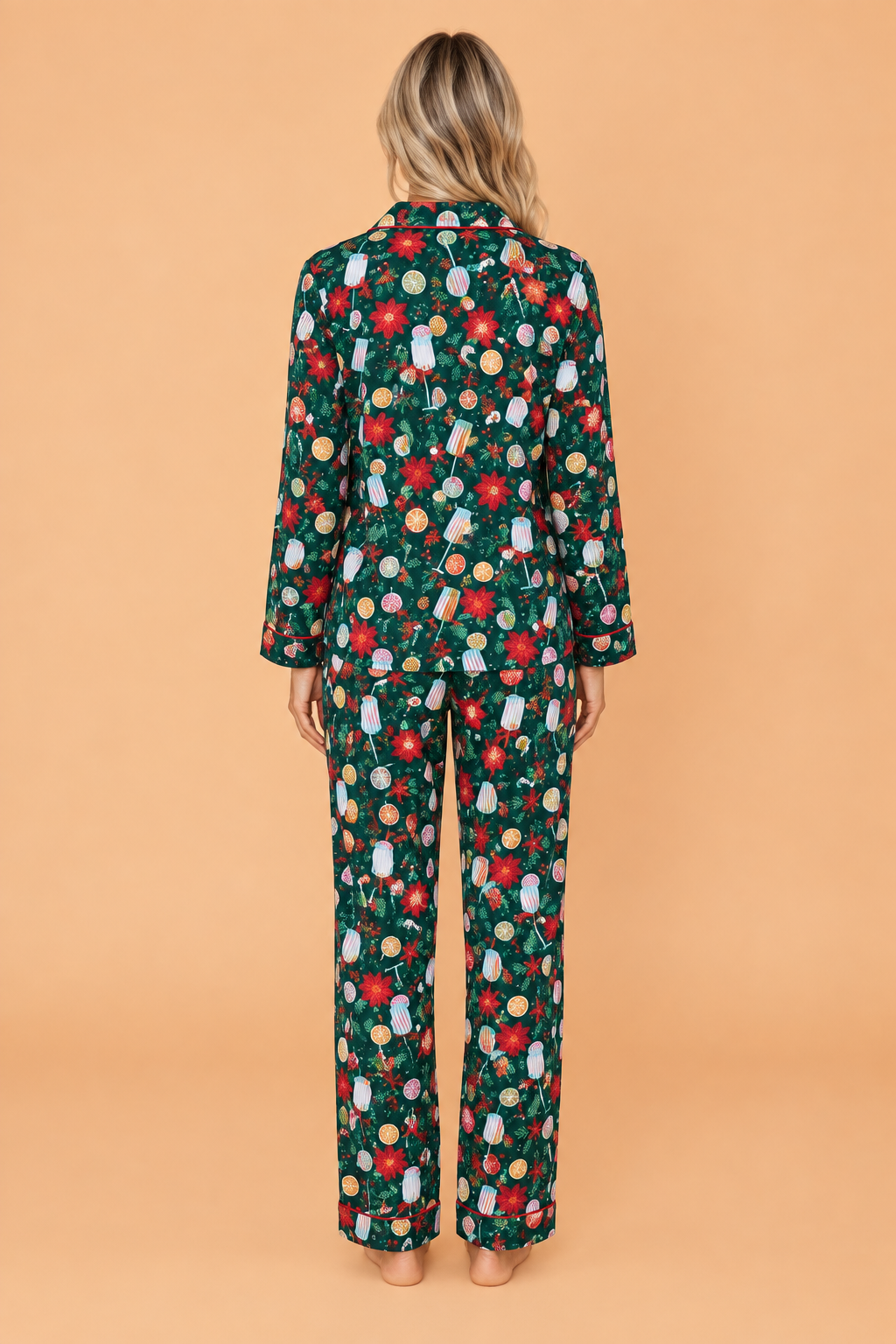Christmas Champagne Print Pajama Set in green, champagne print detail