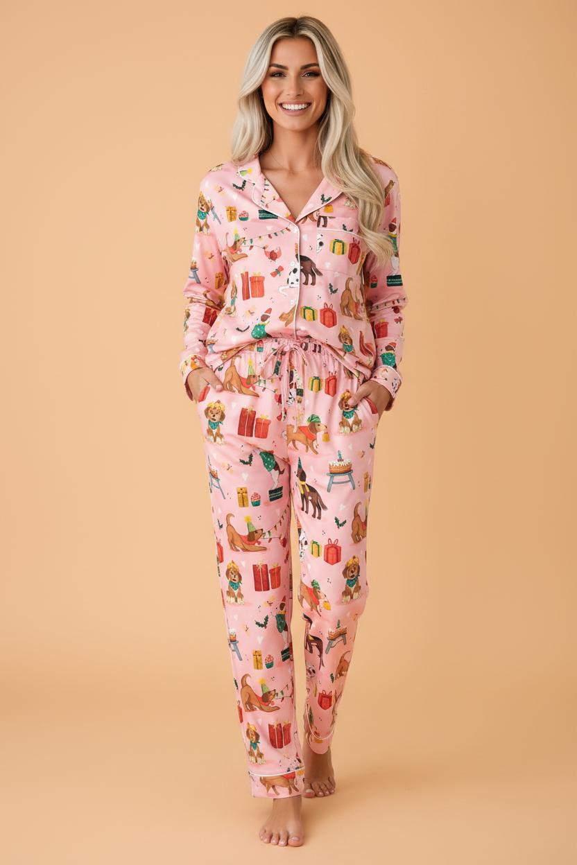 Christmas Dog Print Pajama Set in pink, front view