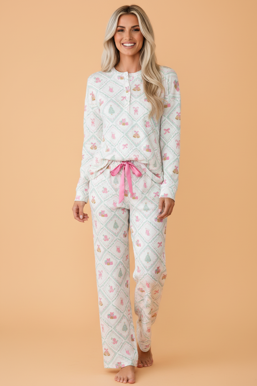 Christmas Patchwork Henley Pajama Set in white, front view