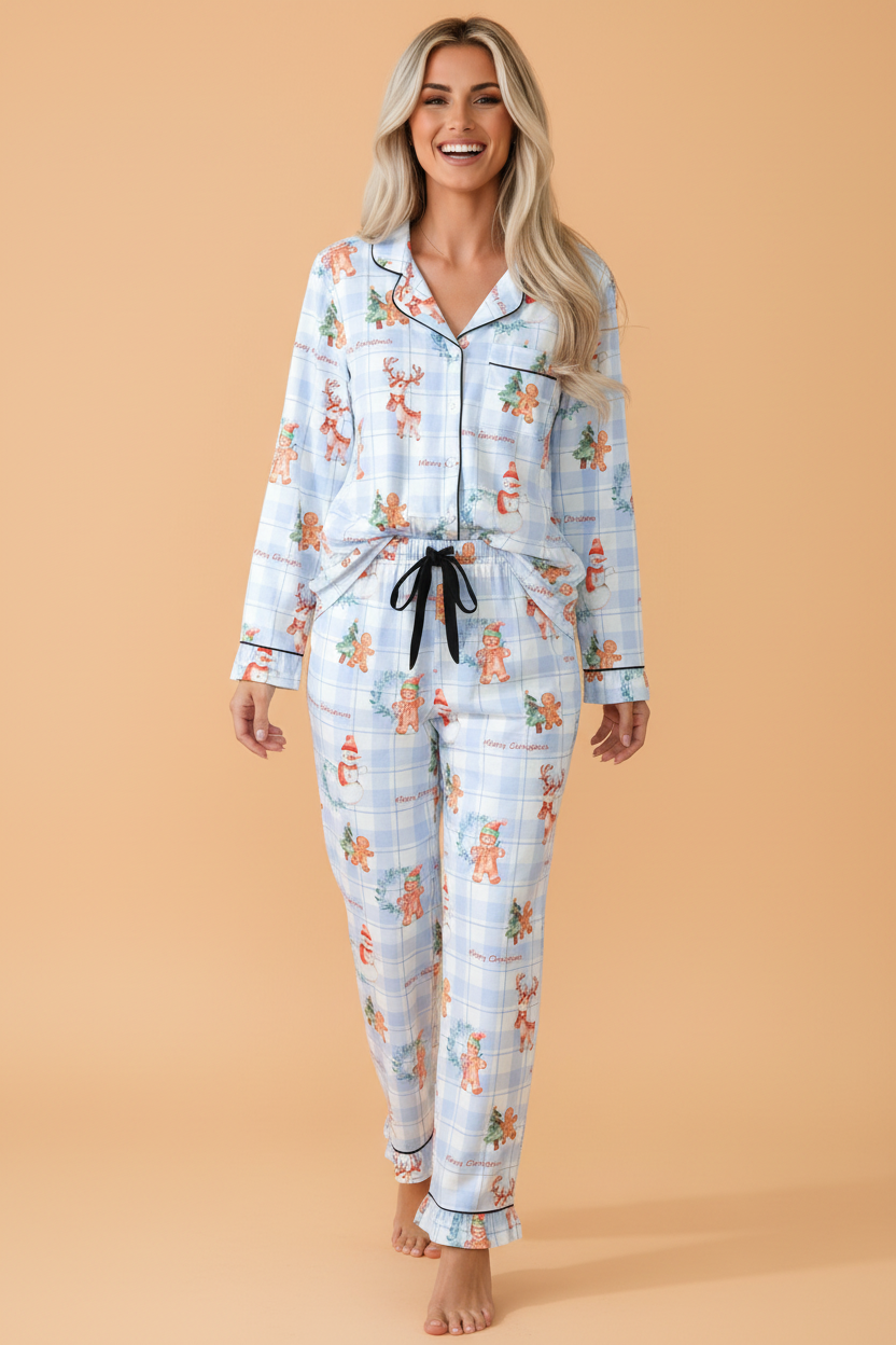 Christmas Plaid Ruffle Pajama Set in sky blue, front view