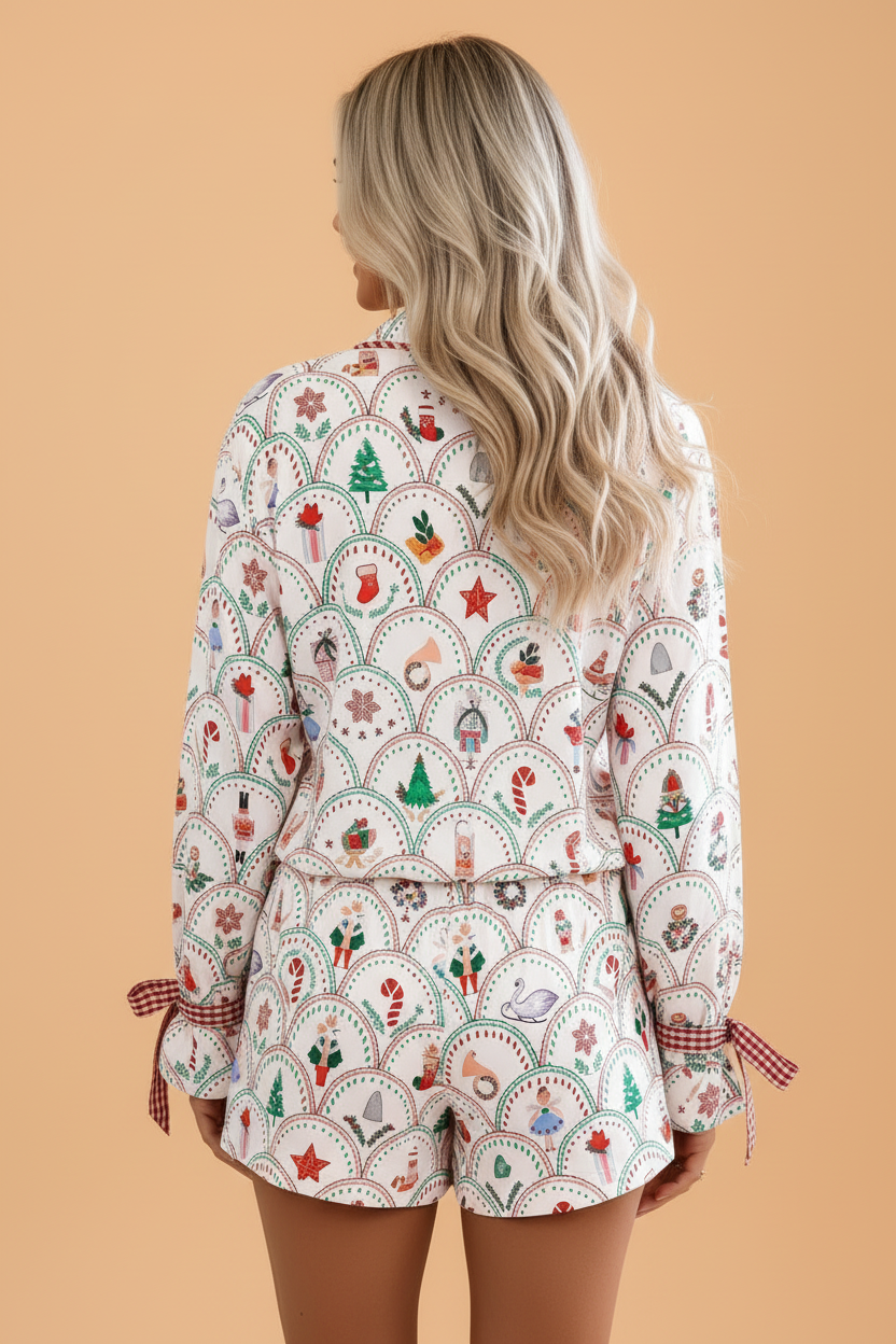 Christmas Gingham Tie-Waist Pajama Set in white, detail view
