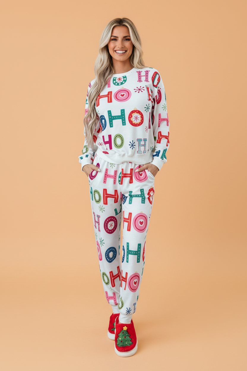Christmas Ho Ho Ho Pajama Set in multicolor, front view