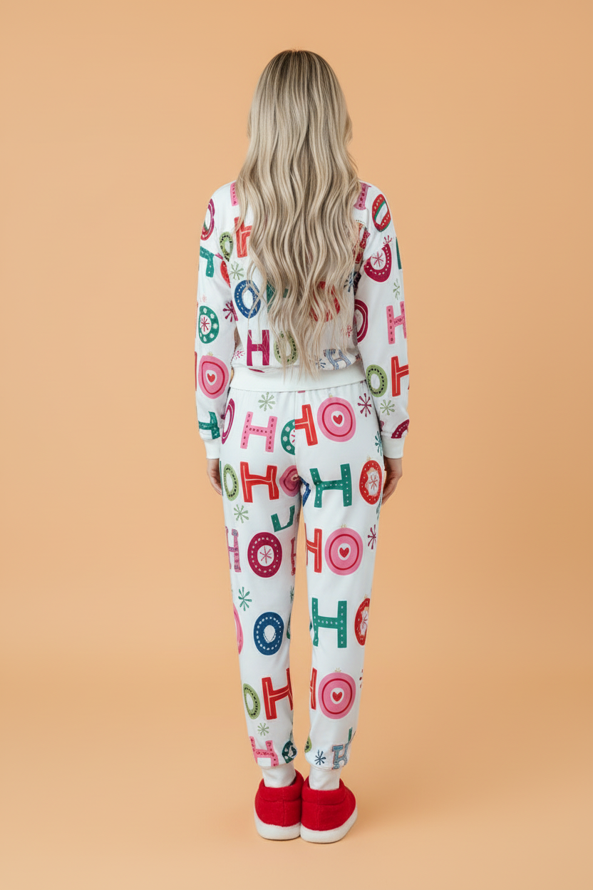 Christmas Ho Ho Ho Pajama Set in multicolor, slogan print detail