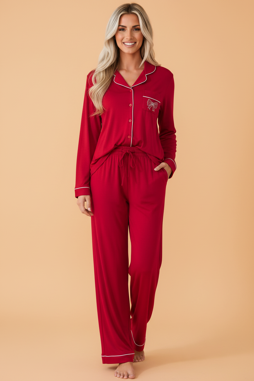 Bow Embroidered Pajama Set in racing red, front view