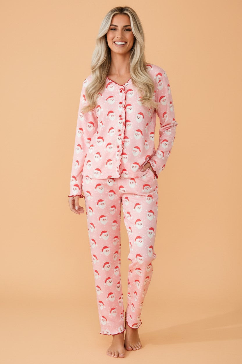 Christmas Santa Ruffle Pajama Set in pink, front view