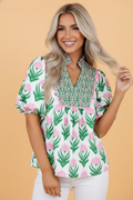 Floral Puff Sleeve Contrast V-Neck Blouse