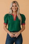 Plaid Contrast Trim V-Neck Short Sleeve Blouse in Evergreen, front view