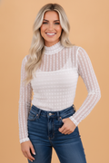 Sheer Lace High Neck Top in beige, front view