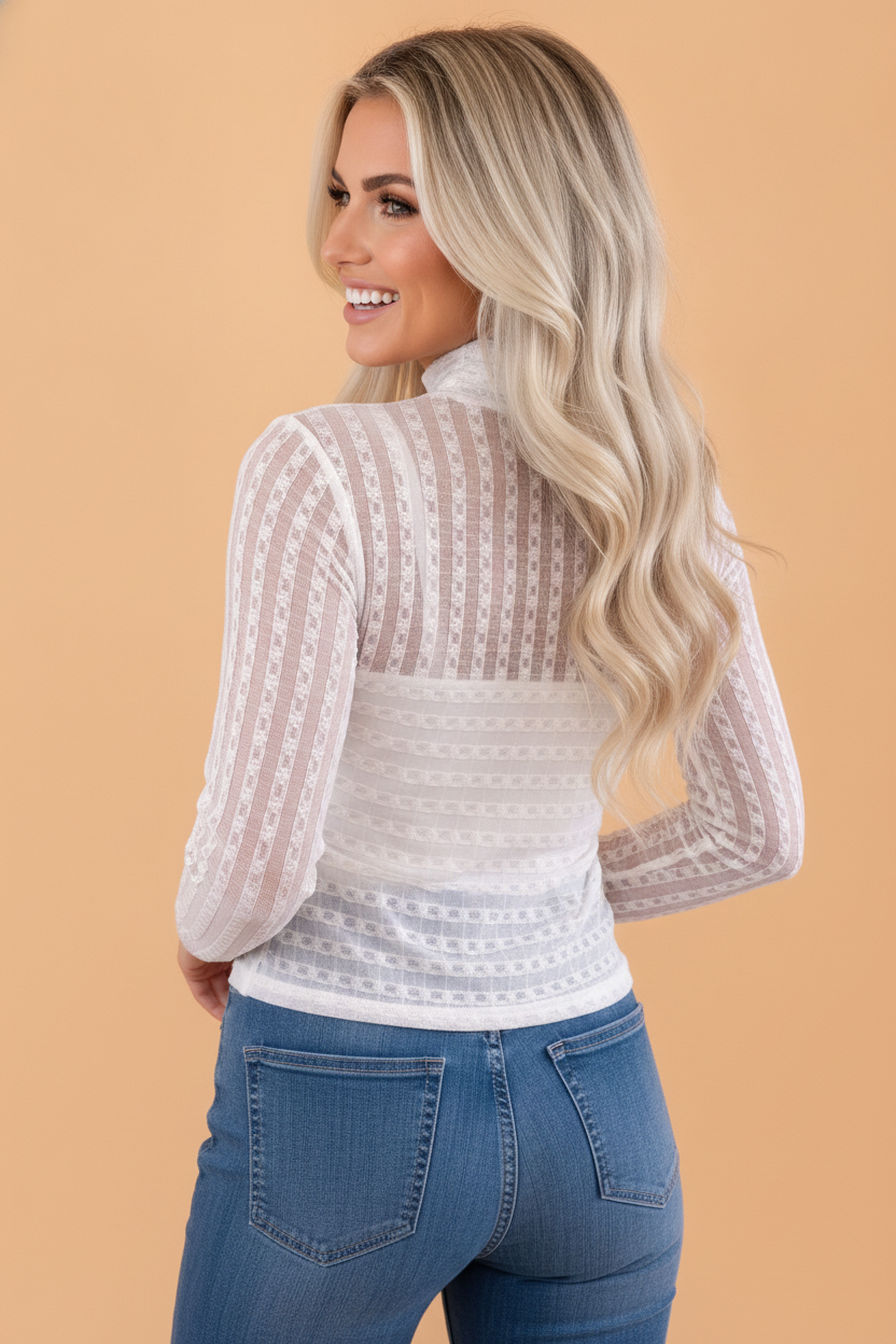 Sheer Lace High Neck Top in beige, detail