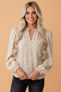 Floral Textured Puff Sleeve Blouse in apricot, front view