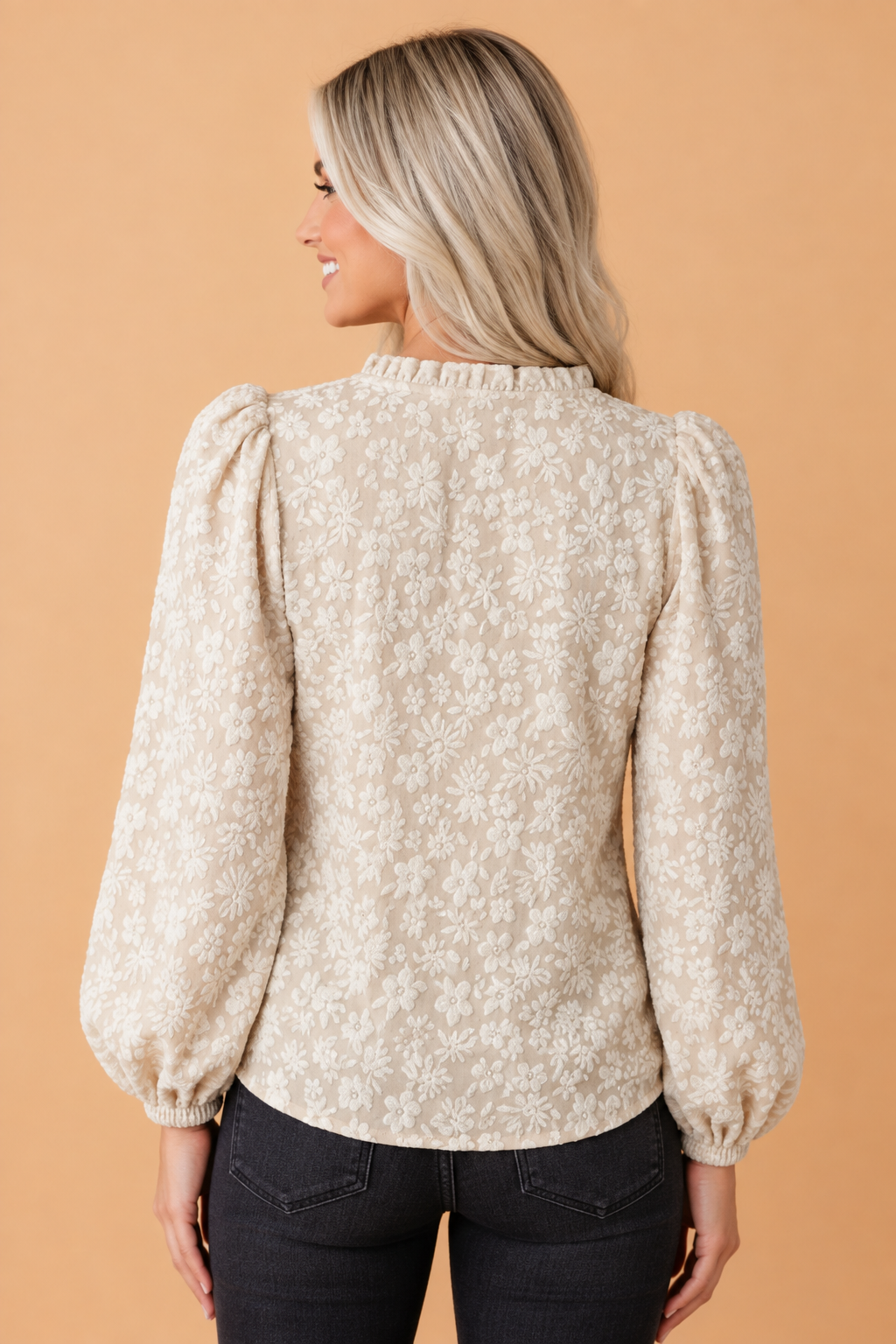 Floral Textured Puff Sleeve Blouse in apricot, ruffle V-neck detail