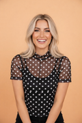 Polka Dot Sheer Mesh High Neck Tee in Black - front view showing high neck and polka dot print